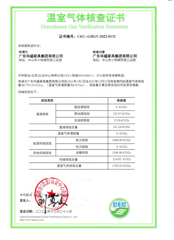廣東華盛家具集團(tuán)有限公司-CEC-GHGV-2022-0132-溫室氣體核查證書(shū)